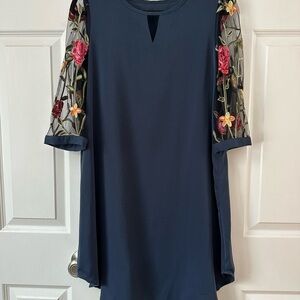 Navy Dress with Floral Embroidered Sleeves